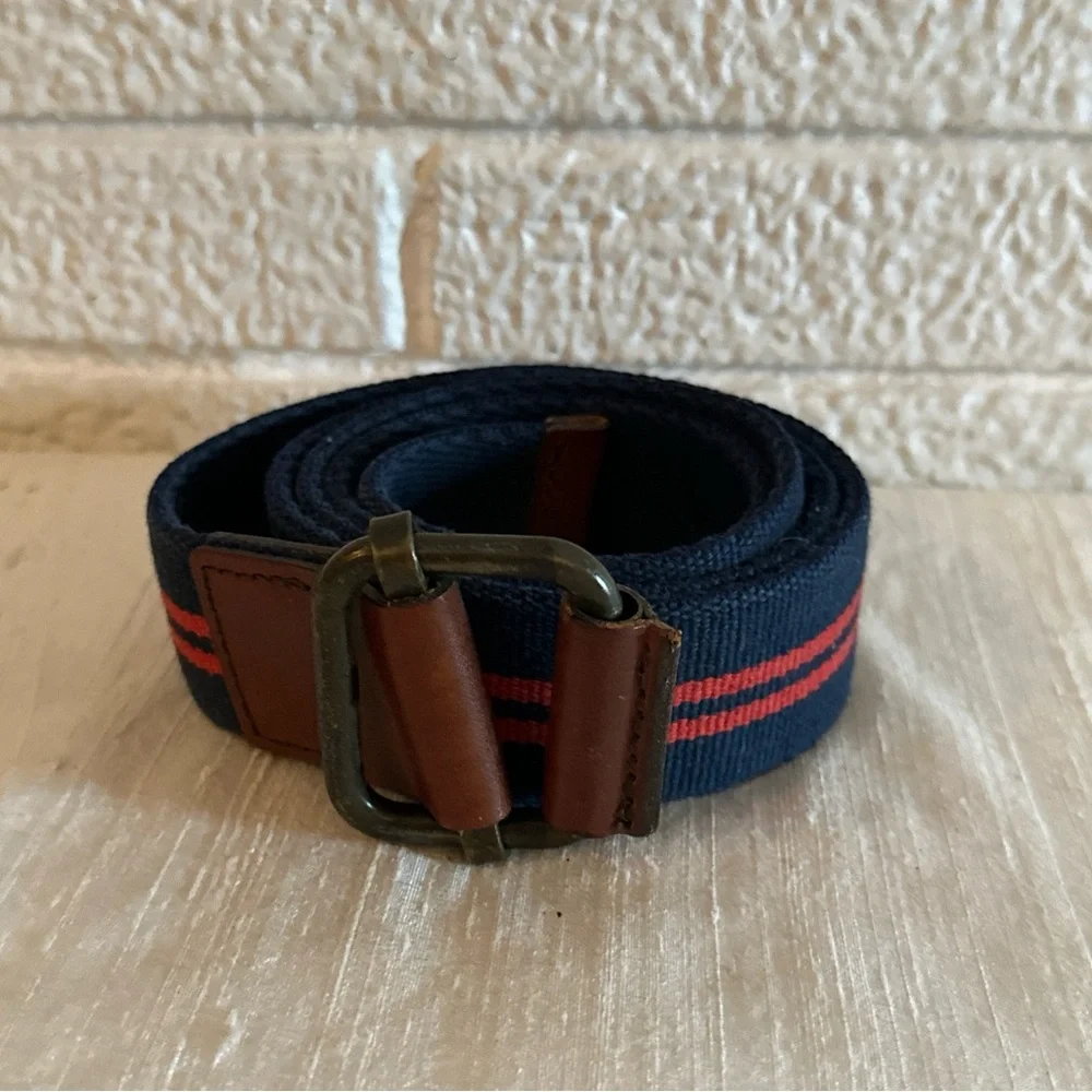 1969 Men's Navy Canvas RED STRIPE LEATHER BELT MADE IN USA LARGE